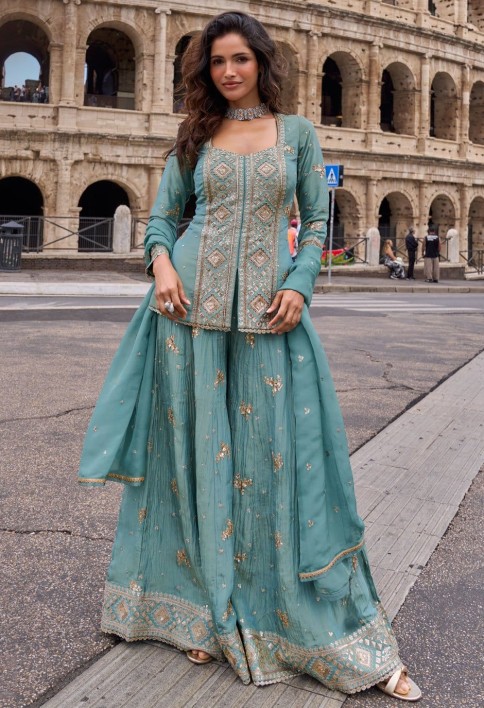 Embroidered and Sequins Work Silk Salwar Suit In Aqua Blue Colour